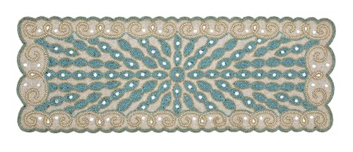 Teal Gold Silver Beaded Table Runner 13x36 Inch Handmade Festive Home Decor