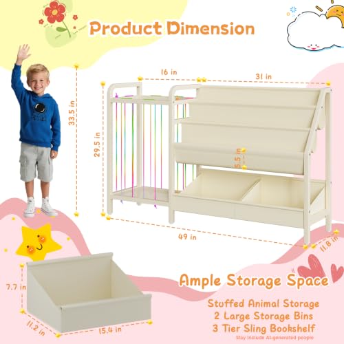 Kids Bookshelf and Toy Organizer with 3-Tier Sling and Storage Bins