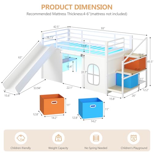 Twin Low Loft Bed with Slide, Storage Stairs, Desk, and Secret Fort