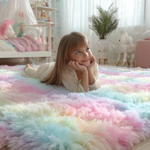 4x6 Rainbow Fluffy Area Rug - Soft Shaggy Plush Carpet for Kids Bedroom