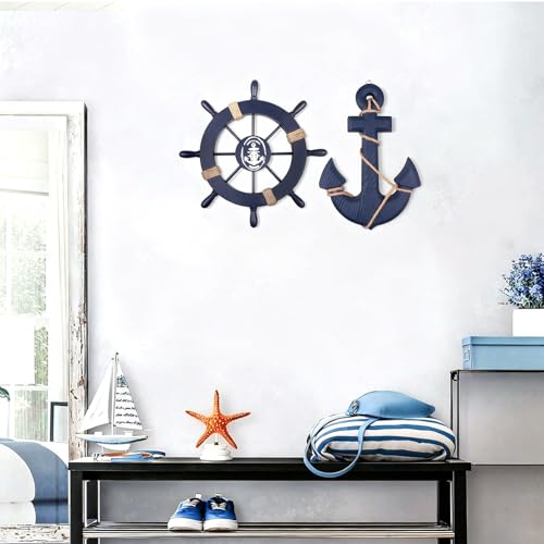 2-Piece Nautical Wooden Ship Wheel and Anchor Wall Art Decor Set