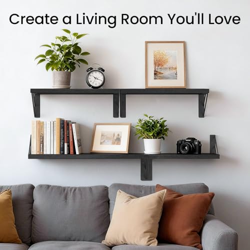 BAYKA Floating Wall Shelves - Rustic Wood Wall Storage Set of 4 Black