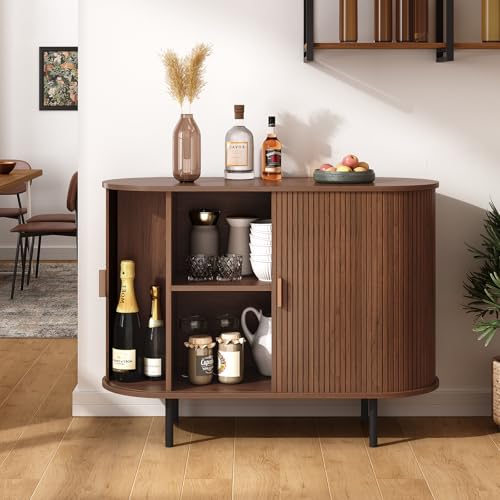 40" Mid-Century Modern Walnut Sideboard Buffet Cabinet with Sliding Door