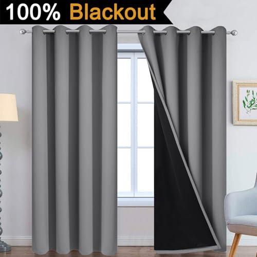 100% Blackout Curtain Panels - Thermal Insulated Grey Drapes, 52x84 In, 2 Pack