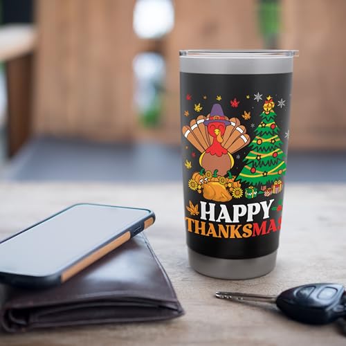 Happy Thanksmas Funny Turkey Stainless Steel Insulated Tumbler 20oz Black for Thanksgiving & Christmas