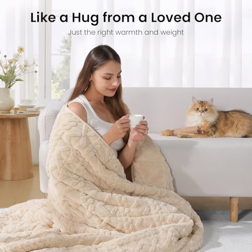 15lb Queen Size Weighted Blanket - Soft Jacquard Sherpa Beige Throw