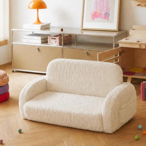 2-in-1 Sherpa Fold-Out Kids Couch, Convertible Foam Sofa Chair, Beige