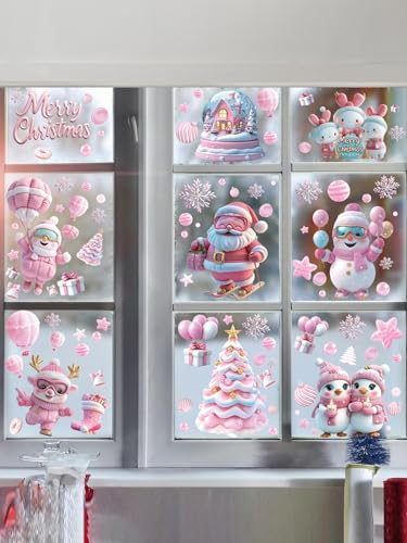 Qc3048 Pink Christmas Window Clings - 9 Sheets Holiday Decor for Glass Windows