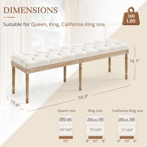 60-Inch Upholstered Tufted Bedroom Bench with Carved Wooden Legs, Beige