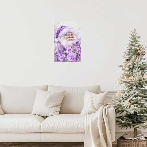 Christmas Canvas Wall Art Santa Claus and Rose Print - Purple, 16x24 Inches Framed Holiday Decor