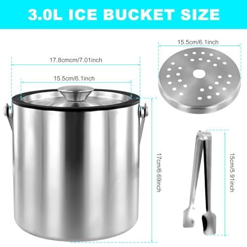 Abizarch 3.0L Double Walled Stainless Steel Ice Bucket with Lid & Tongs for Bar & Party