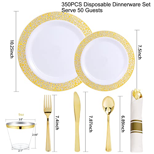 White Gold 50 Guests Disposable Dinnerware Set - Elegant Plastic Plates & Silverware