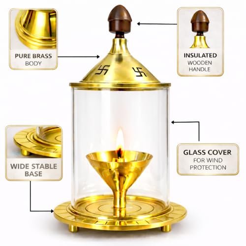 Brass Akhand Jyoti Diya Oil Lamp with Glass Wind Protector (4 Inch)