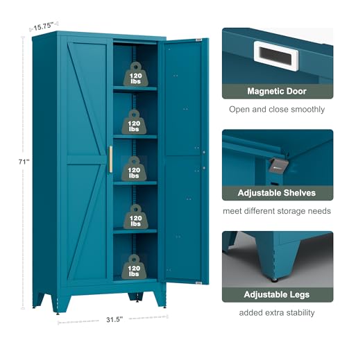 71-Inch Farmhouse Metal Storage Cabinet with Barn Doors and Adjustable Shelves