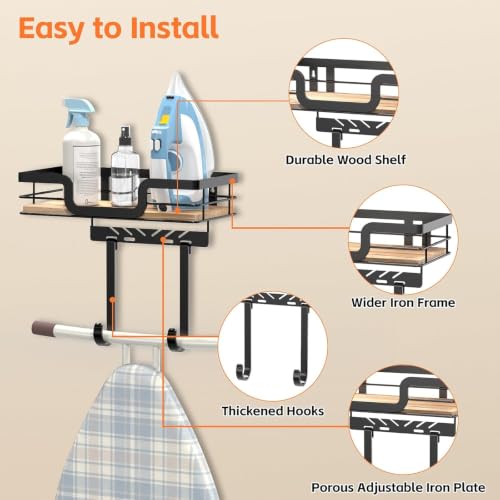 Wall-Mounted Ironing Board Hanger with Wood Shelf for Laundry Room Storage