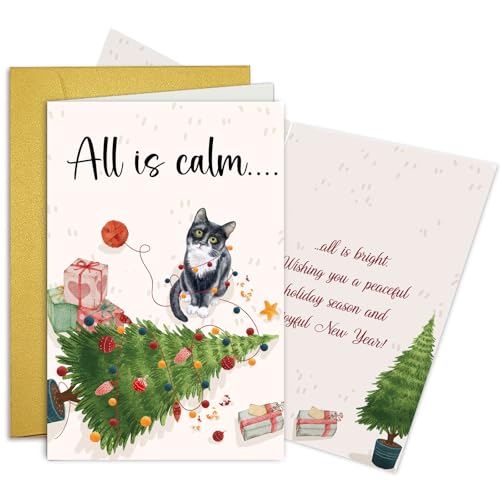 Oamiolek Funny Cat Christmas Card - Holiday Greeting for Cat Lovers, All Is Calm All Is Bright - Cat Variation
