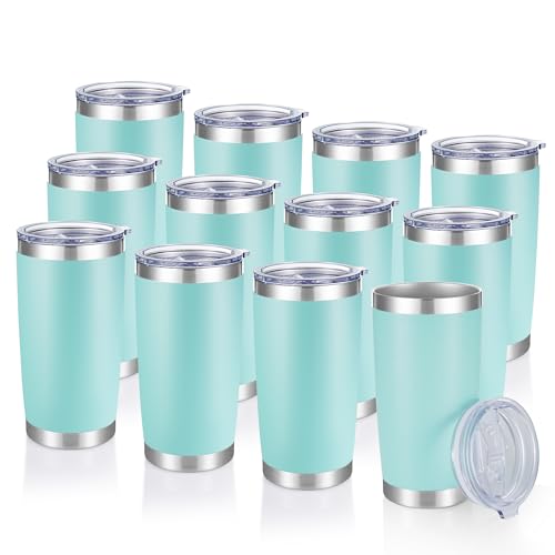 20 oz Stainless Steel Tumblers Set of 12 with Lids - Turquoise, Double Wall, BPA-free