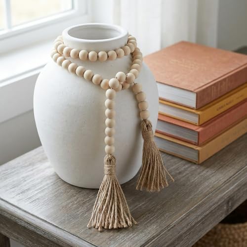 Rustic Wood Bead Garland with Tassels - 1.5m Boho Farmhouse Decor