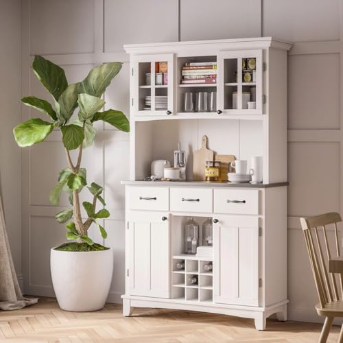 Off-White Buffet Server with Hutch and Wine Storage, 44-Inch Wide