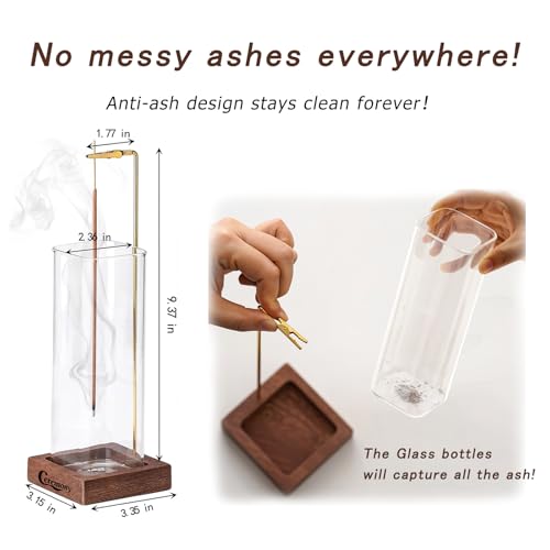 Wooden Incense Holder with Ash Catcher & Glass Burner Set with 20 Sticks