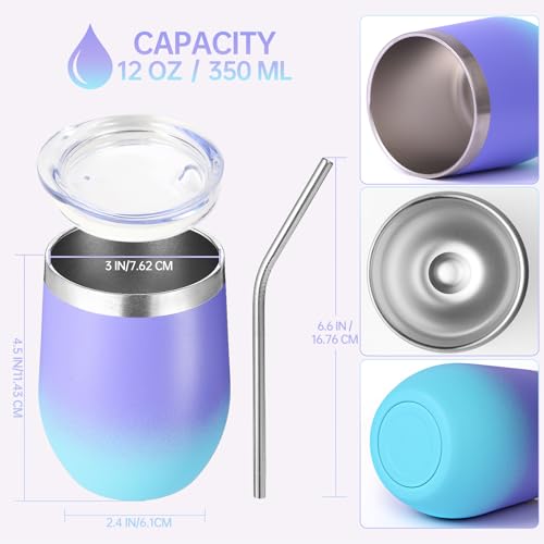 Volhoply 12oz Stainless Steel Wine Tumblers 8-Pack with Purple Blue Lid, Double-Walled Vacuum, Reusable Gift Set