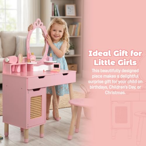 Kids Pink Vanity Table and Chair Set with 7 Pretend Play Makeup Accessories