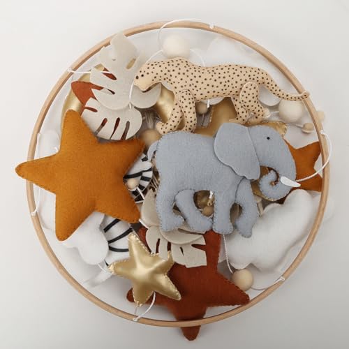 Safari Crib Mobile with Felt Gold Stars and Clouds - Gender Neutral Nursery