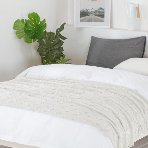 Beige Boho Knitted Throw Blanket 50x60 Inch Soft Acrylic Couch Blanket