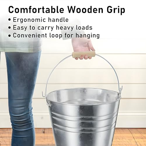 Galvanized Metal Buckets 3-Pack - Rustic Ice Buckets with Wooden Handles, 8.4 Quart