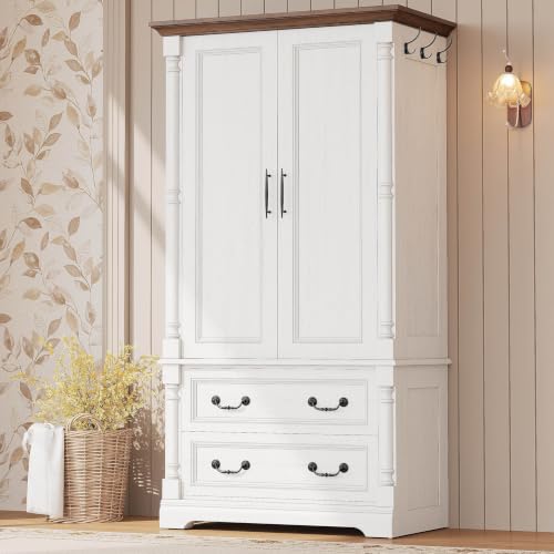70-Inch Farmhouse Wardrobe Armoire with 2 Drawers and Hanging Rod, White