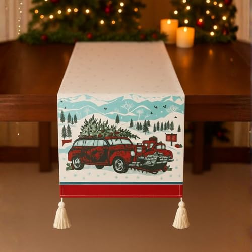 Folkulture Christmas Table Runner 14 x 90 Inches - Red & White, 100% Cotton
