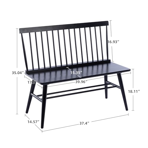 Farmhouse Windsor Entryway Bench, Black Rubber Wood Dining Bench