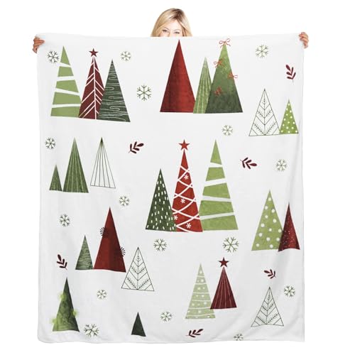 Wefrea Christmas Throw Blanket with Holiday Tree Design - White, Green, Red, 50x60 inches