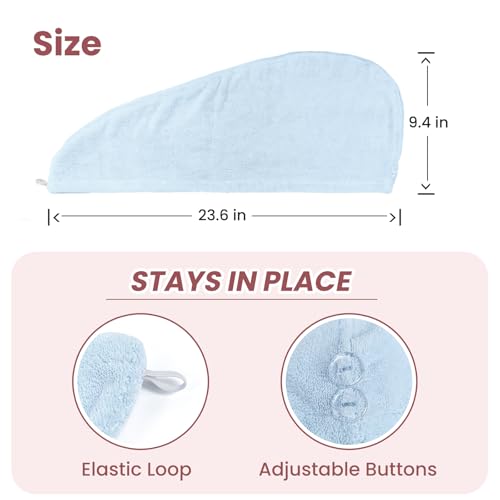 Mandydov Blue & Blush 100% Cotton Hair Towel Wrap for Women - 2 Pack, Ultra-Absorbent & Adjustable