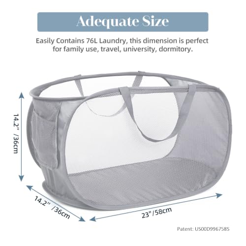 Collapsible Mesh Laundry Hamper with Side Pocket and Reinforced Handles