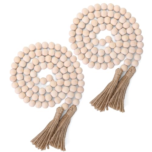 58-Inch Rustic Wood Bead Garland with Tassels, Boho Farmhouse Wall Decor