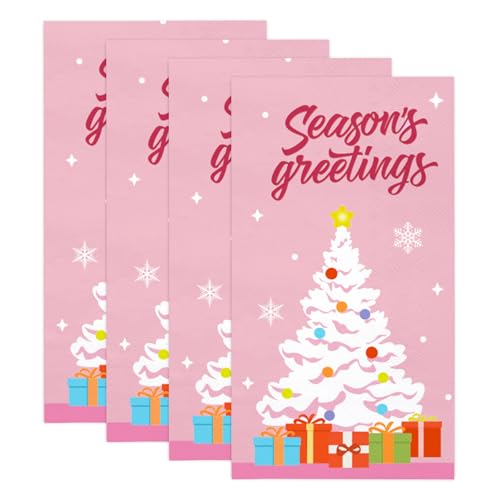 Wrapaholic 50Pcs Pink Christmas Tree Gift Hand Towels – 3-Ply Paper Napkins, 4.3 x 7.9 in, Xmas Holiday
