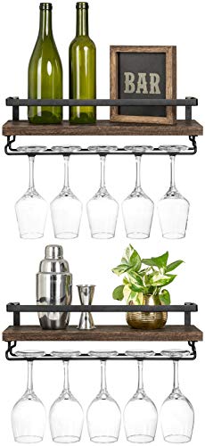Wall Mounted Wine Rack Set of 2 - 17 Inch Rustic Wood Shelves with Glass Hanger