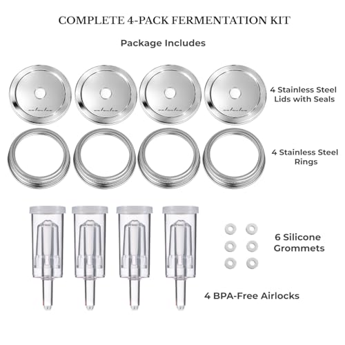 Stainless Steel Fermentation Lids with Airlocks for Wide Mouth Mason Jars 4 Pack