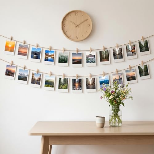 100 Pcs Mini Wooden Clothespins with Jute Twine for Photo Hanging Display