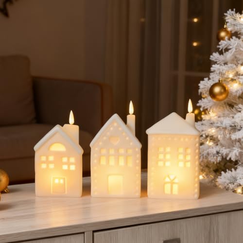 WDS Wondrous White Ceramic Christmas Village Set - 3 LED Houses, Flameless Battery