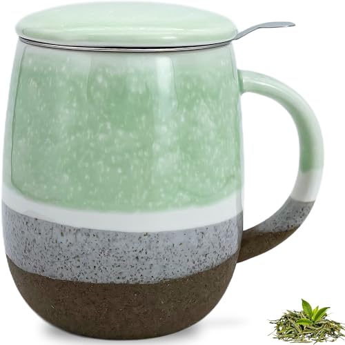 Green Ceramic Tea Infuser Mug 13.5oz with Lid & Stainless Steel Infuser