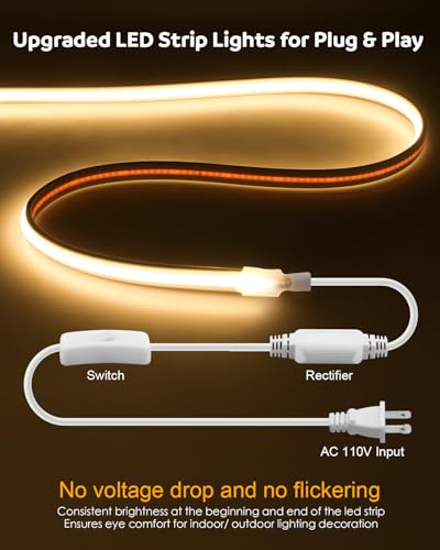 150ft Waterproof COB LED Strip Light, 3000K Warm White 120V Rope Light