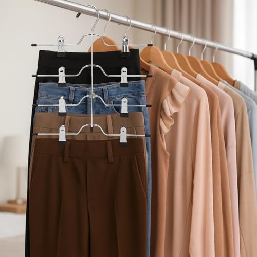 Adjustable 4-Layer Pants & Skirt Hangers with Clips, Space Saving Closet Organizer, Black - 15 in