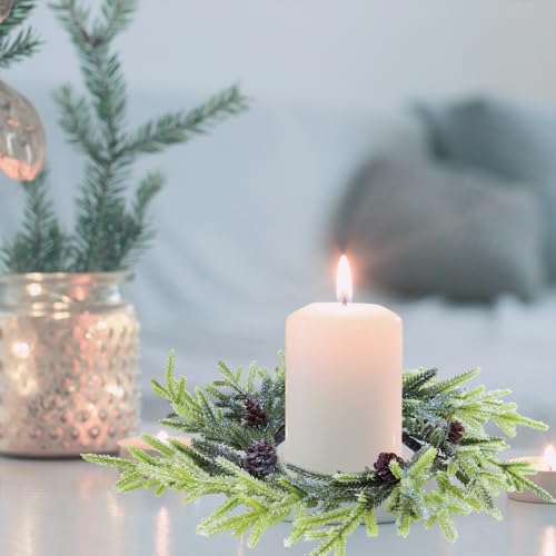 4 Pcs Artificial Frosted Cypress Candle Rings with Pinecones 10-Inch