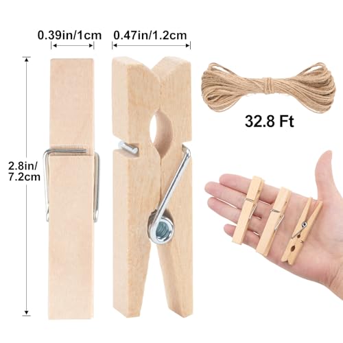 50-Piece Large Wooden Clothespins Set with 32ft Twine for Photo Hanging