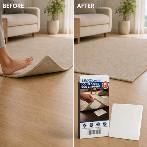 16 Pcs Non-Slip Rug Grippers for Hardwood & Tile Floors, Reusable Tape