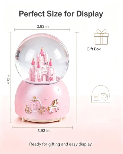 Musical Castle Snow Globe with Automatic Snowfall and LED Lights (Pink)