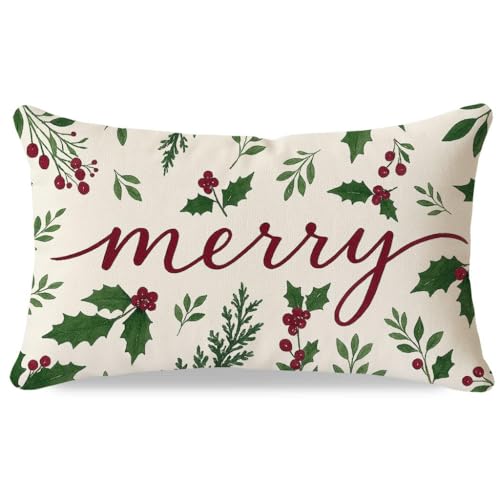 HERHOME Red & Green Christmas Throw Pillow Cover 20x12 with Holly Berries