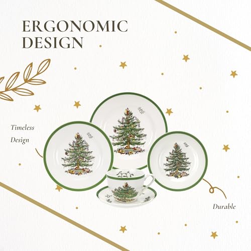 Spode 7 Oz Christmas Tree Dinnerware Set of 5 - Holiday Earthenware with Holly Accents